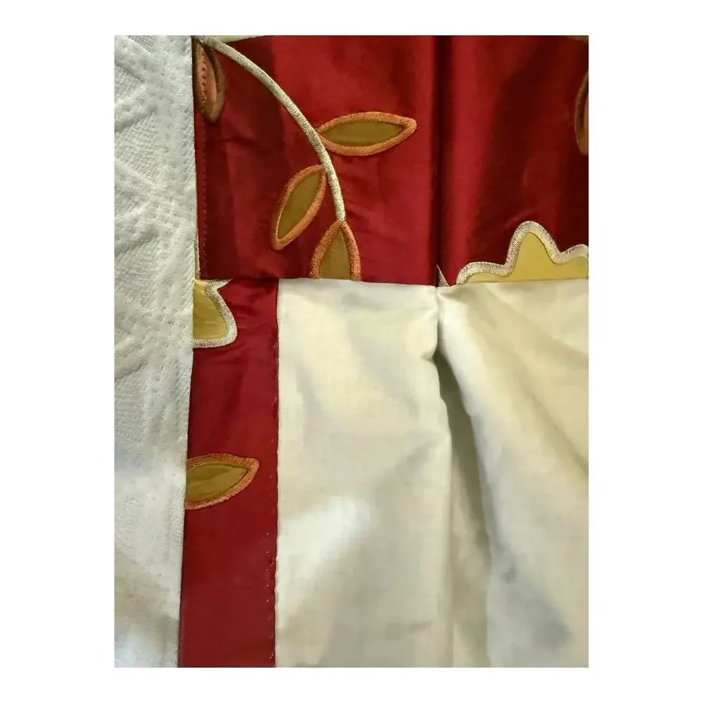 2 -Silk Taffeta Embroidered Floral Red Yellow Lined Drapery Curtain Panels 24x98